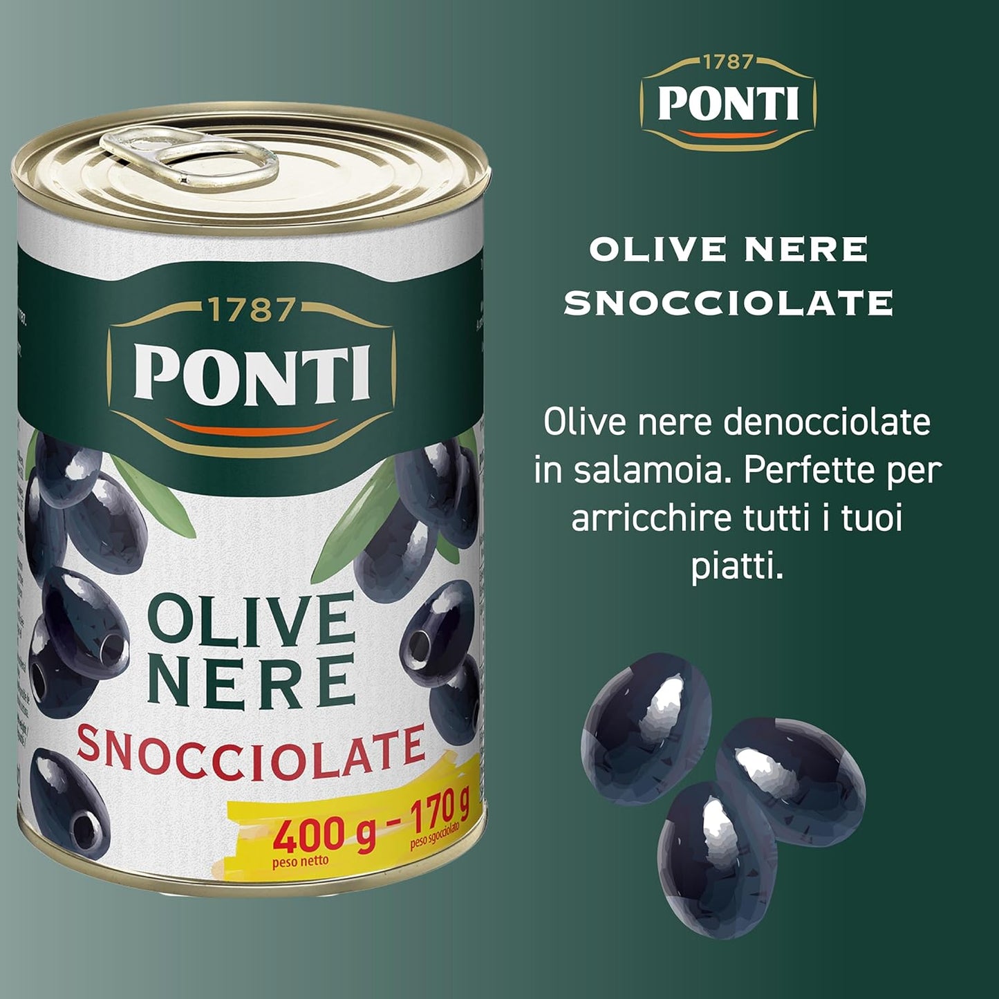 Ponti, Olive Nere Snocciolate, Ideali da Aggiungere ad Insalate e Pizze, Ottimi anche come Antipasto, dal Sapore Ricco e dalla Consistenza Succosa, 100% Made in Italy, 12 vasi 400 g