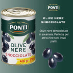 Ponti, Olive Nere Snocciolate, Ideali da Aggiungere ad Insalate e Pizze, Ottimi anche come Antipasto, dal Sapore Ricco e dalla Consistenza Succosa, 100% Made in Italy, 12 vasi 400 g