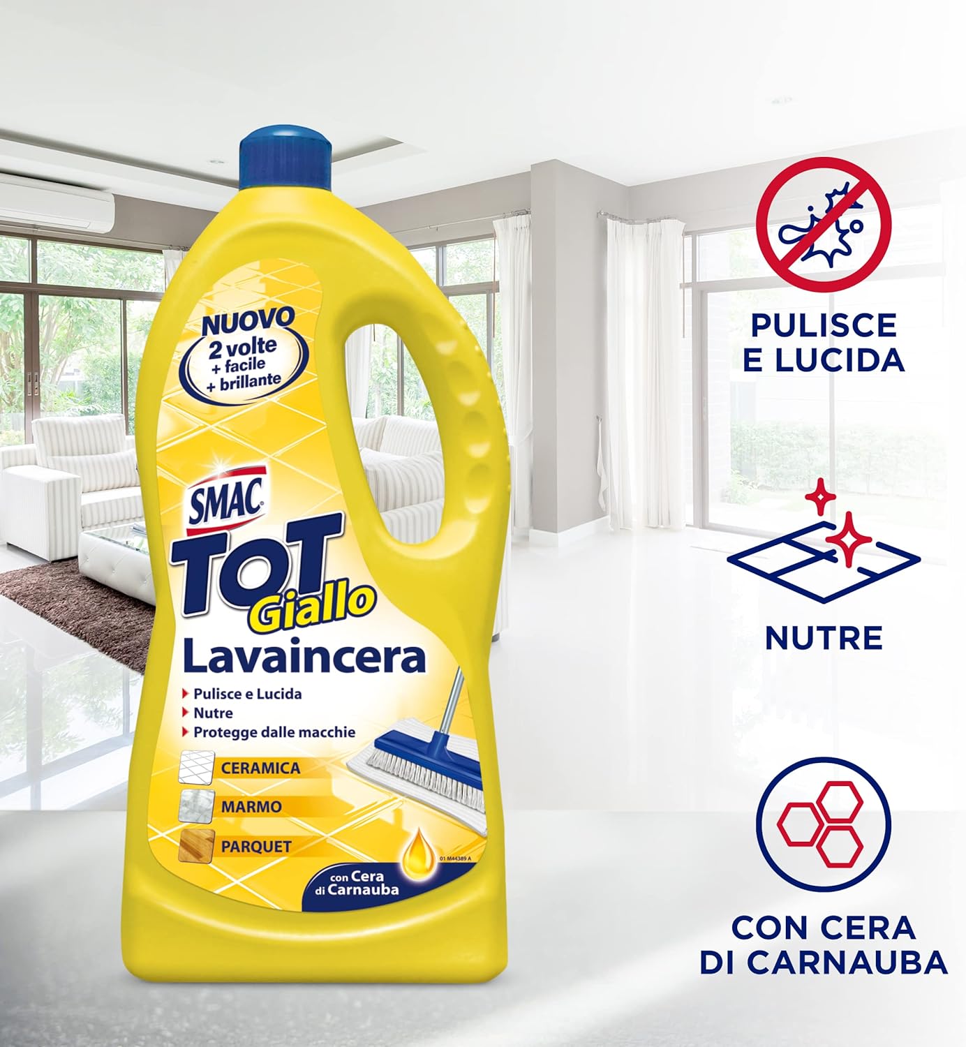 Smac - Tot Giallo Lavaincera, Detergente Pavimenti Pregiati in Ceramica, Marmo e Parquet, con Cera di Carnauba, 1000ml x 12 Pezzi