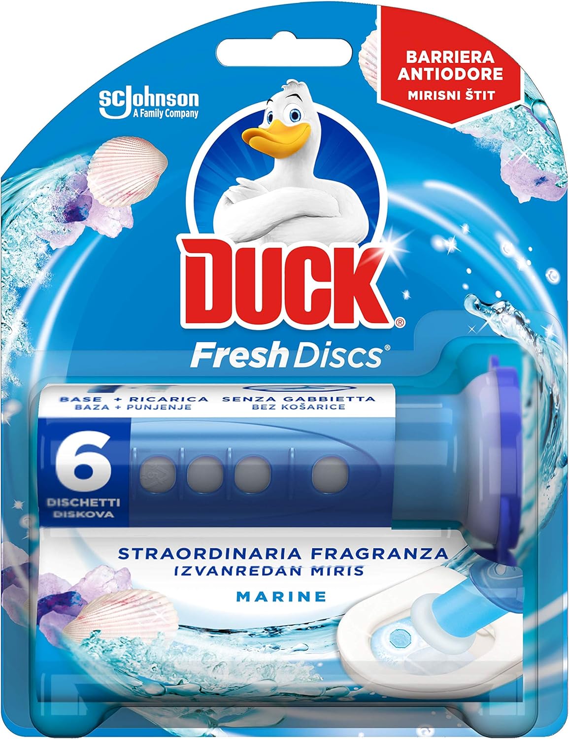 Duck Fresh Discs - Base per Dischi Gel Igienizzanti WC, Profumo Marine - Confezione da 1 Applicatore, 1 Tubo, 6 Dischetti