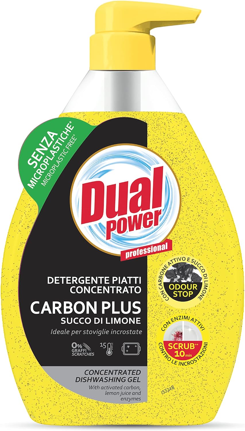 Dual Power Carbon Plus, Detergente Piatti Concentrato con Succo di Limone ad Elevato Potere Sgrassante, Ideale per Stoviglie Incrostate, Senza Microplastiche, Made in Italy, Dispenser 600 ml