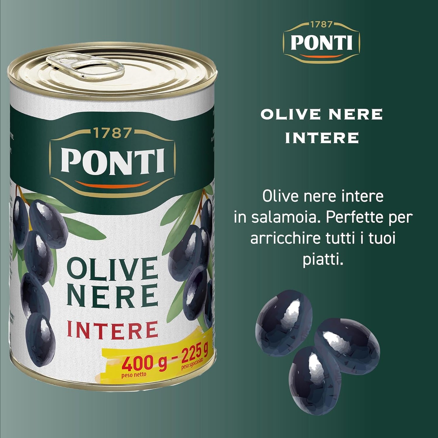 Ponti, Olive Nere Intere, Ideali da Aggiungere ad Insalate e Pizze, Ottimi anche come Antipasto, dal Sapore Ricco e dalla Consistenza Succosa, 100% Made in Italy, 400 g