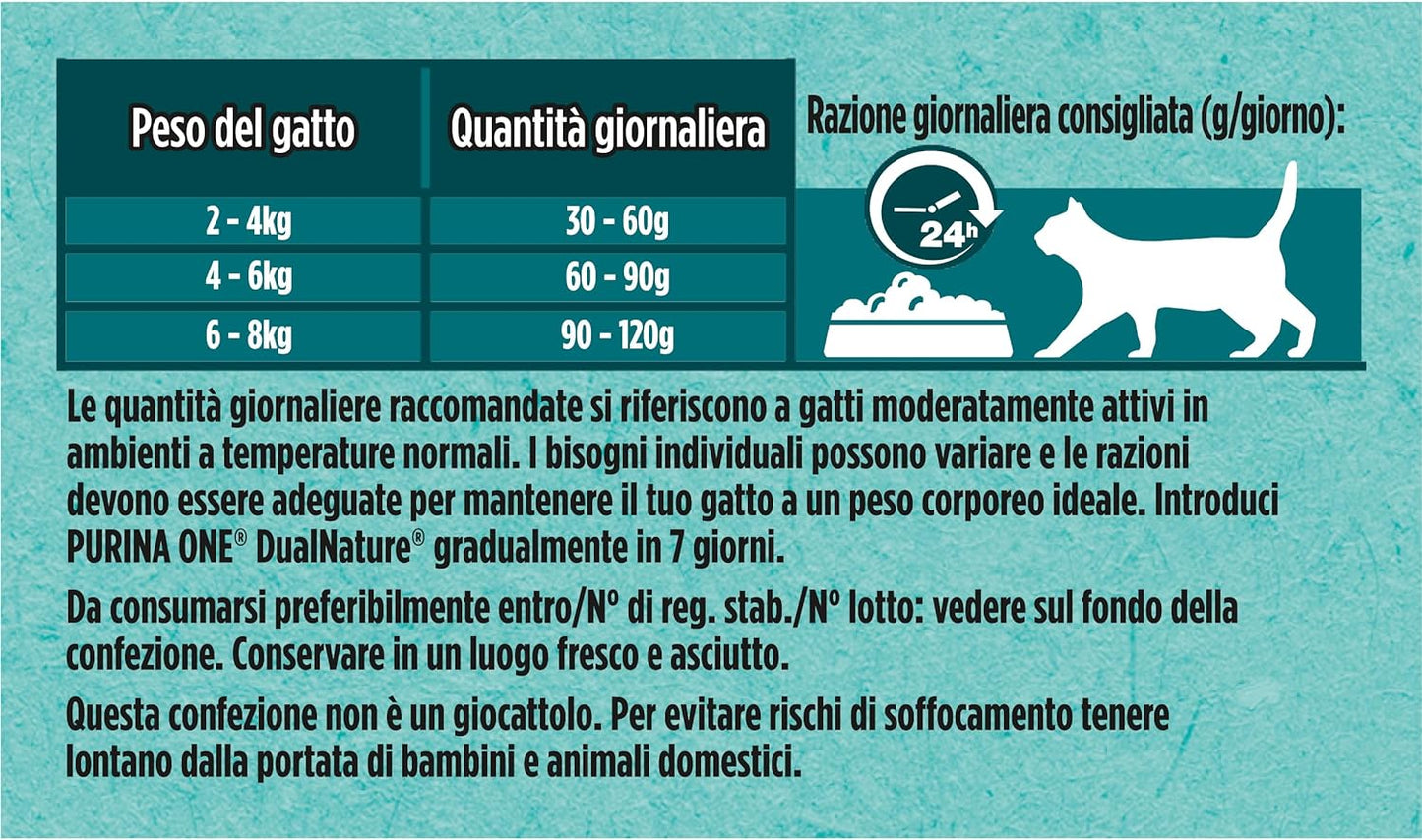 PURINA ONE Dualnature Crocchette Gatto Adult Ricco in Salmone e con Spirulina Naturale - 8 Pezzi