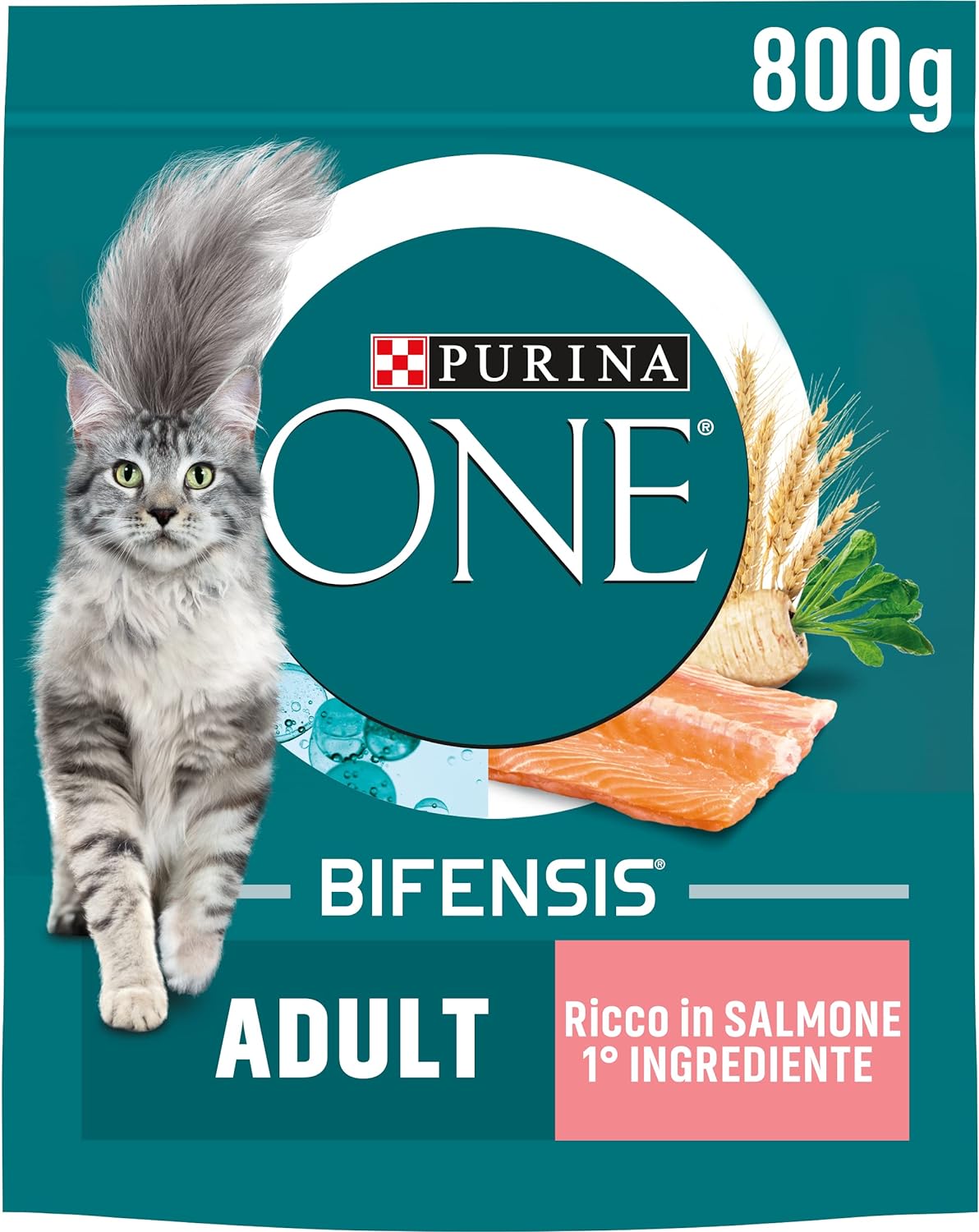 PURINA ONE Bifensis Crocchette Gatto Adult Ricco in Salmone e Cereali Integrali - 8 sacchi da 800g ciascuno