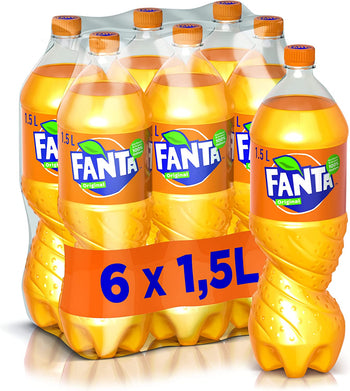 Fanta Original Gusto di Arancia – 6 Bottiglie da 1.5 L, con Succo di Arance Italiane, Senza Aggiunta di Conservanti, Bottiglia PET 100% riciclabile, Gusto Rinfrescante, Bevanda Analcolica Frizzante