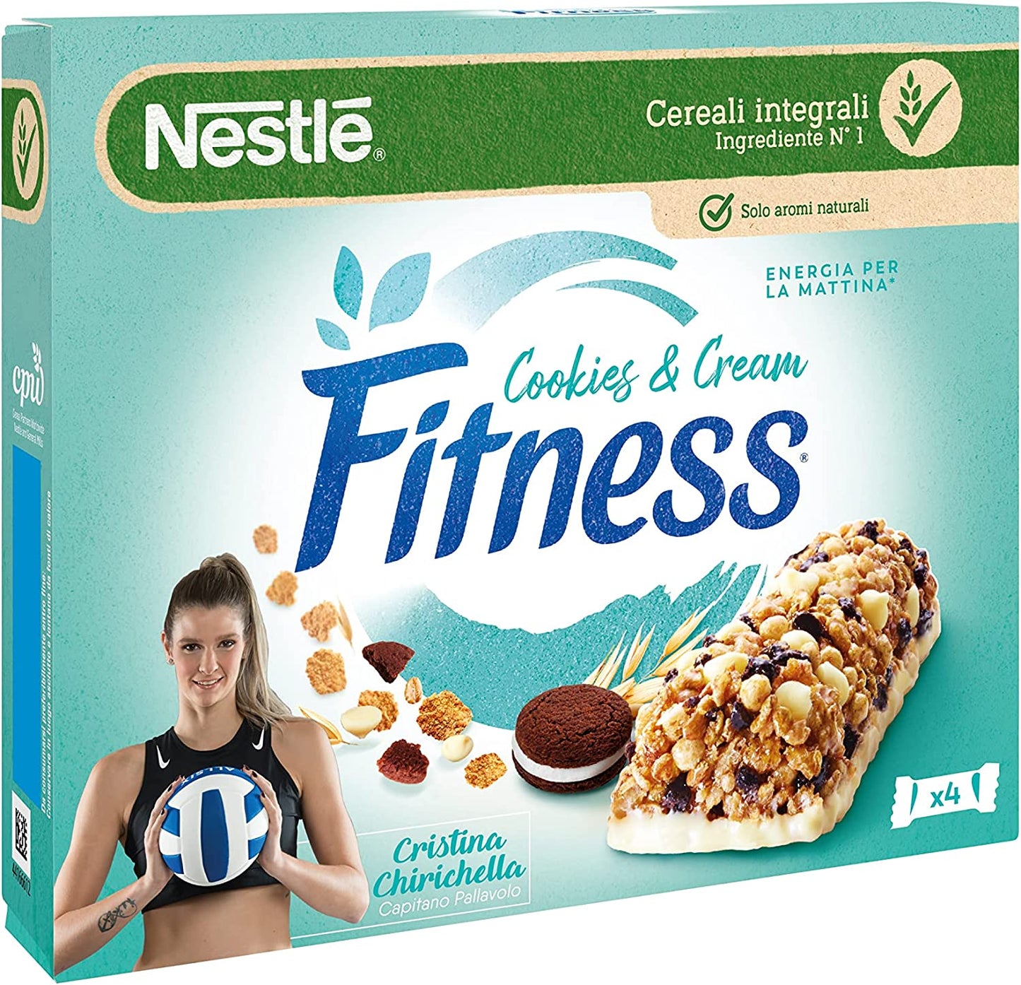 FITNESS COOKIES&CREAM Barretta di Cereali Integrali con Biscotti al Cacao e Cioccolato 4 Pezzi