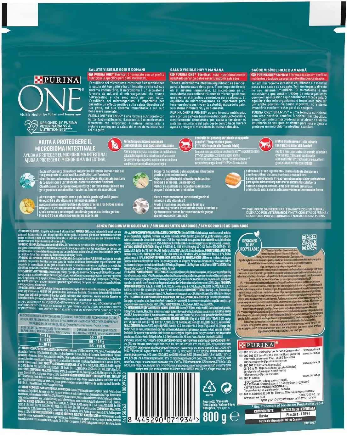 PURINA ONE Bifensis Crocchette Gatto Sterilcat Ricco in Salmone e Frumento - 8 sacchi da 800g ciascuno