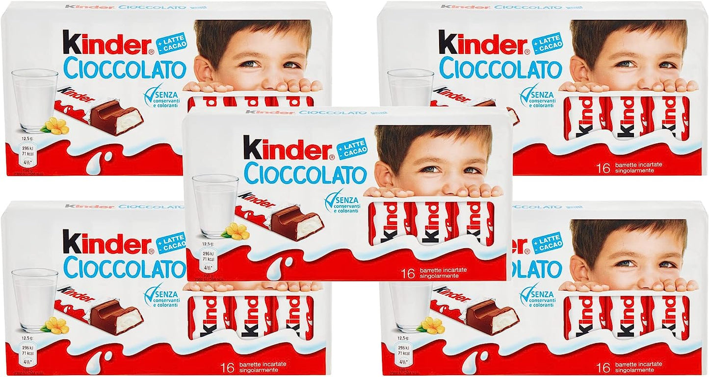 5X Ferrero, Kinder Cioccolato T16 Confezione da 200gr, Barrette ricoperte di cioccolato finissimo al latte [5 Pezzi]