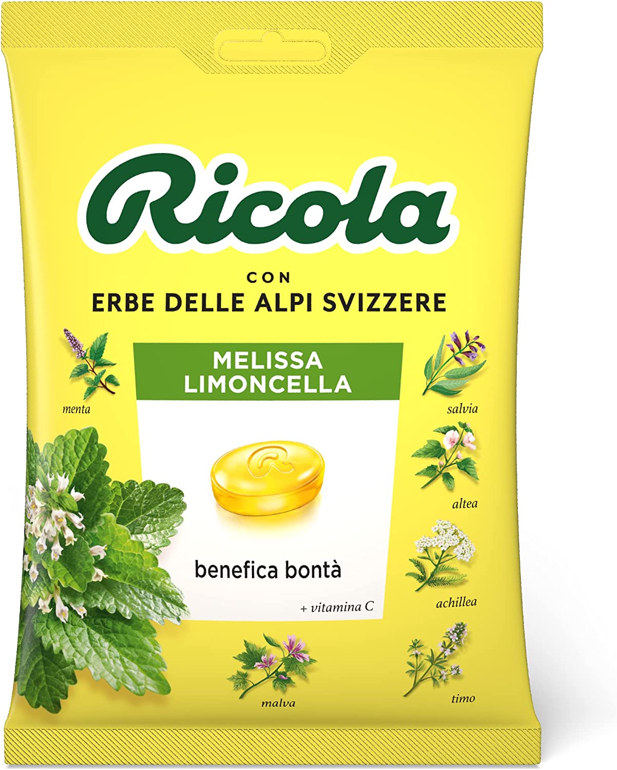 Ricola, Caramelle Balsamiche alle Erbe, Con Zucchero, Gusto Melissa Limoncella - Busta da 75g