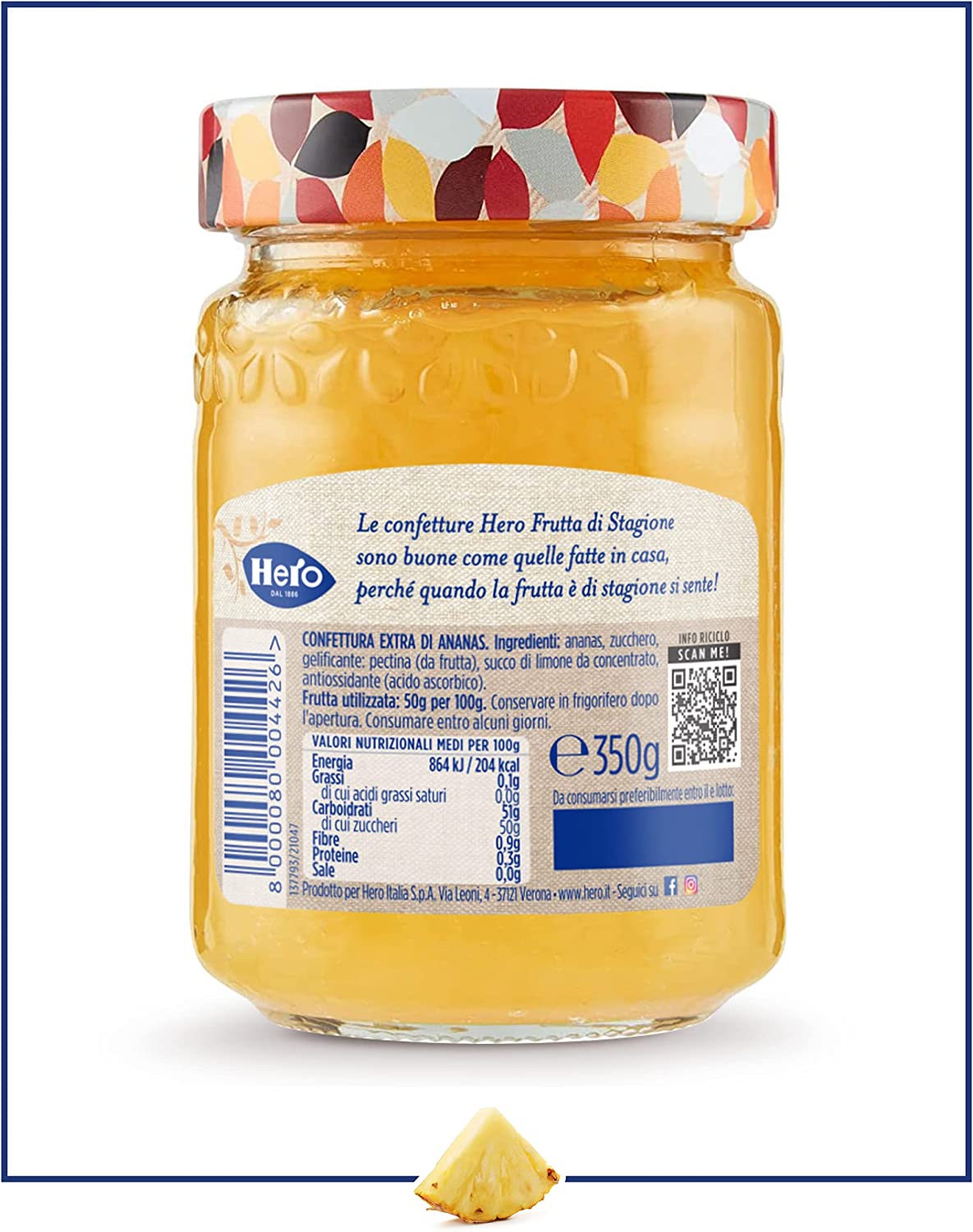 Hero Confettura Ananas di Stagione, 8 vasetti da 350 gr, marmellata e confettura extra con frutta raccolta nell'ultima stagione, frutta di alta qualità, metodo tradizionale