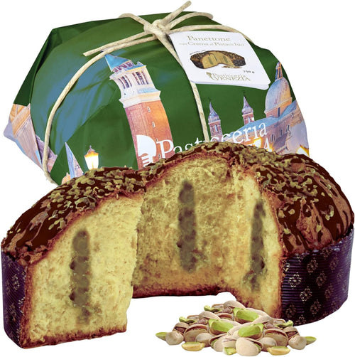 Pasticceria Venezia Panettone Artigianale al Pistacchio da 750gr, Impasto con Lievito Madre e Crema di Pistacchio, Senza Canditi e Uvetta, Ricoperto con Glassa di Cioccolato e Granella di Pistacchio