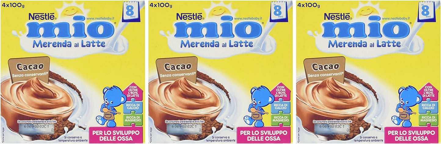 Nestlé Mio - Merenda al Latte Cacao, senza Glutine, da 6 Mesi - 3 confezioni da 4 Vasetti di plastica da 100 g [12 vasetti, 1200 g]