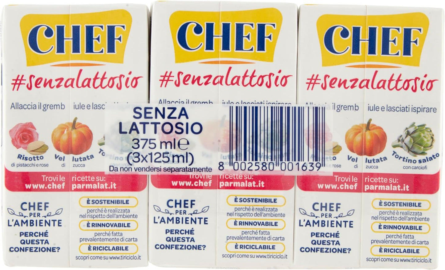 Chef, Panna Classica da Cucina Senza Lattosio, 3x125 ml