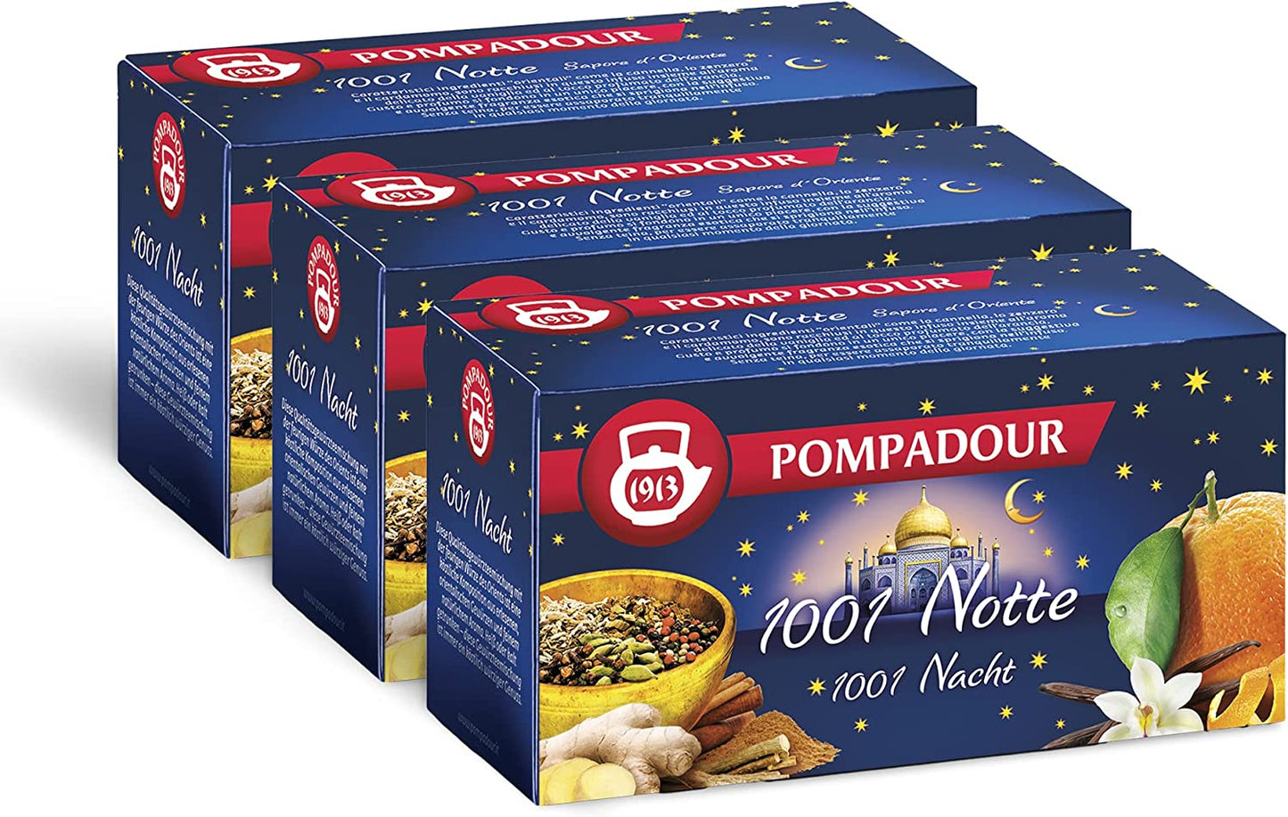 Pompadour, Infuso 1001 Notte, 60 Filtri (3 Confezioni da 20 Filtri), con Cannella, Zenzero e Cardamomo, Ideale per le Fredde Sere d'Inverno, Senza Lattosio, Glutine e Allergeni, Vegan