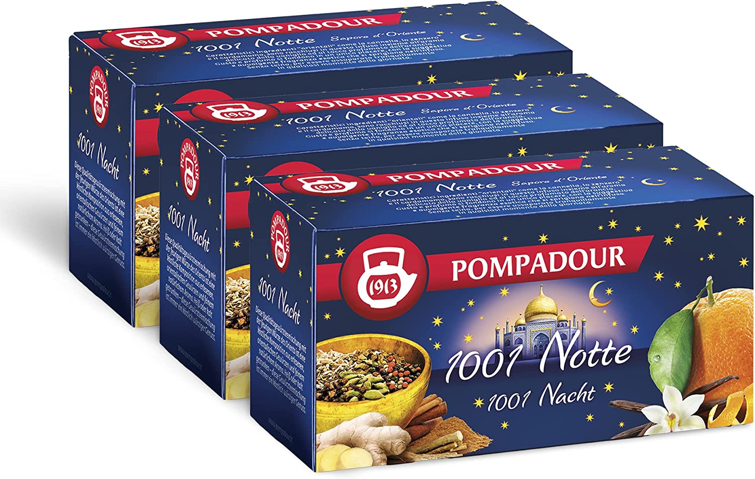 Pompadour, Infuso 1001 Notte, 60 Filtri (3 Confezioni da 20 Filtri), con Cannella, Zenzero e Cardamomo, Ideale per le Fredde Sere d'Inverno, Senza Lattosio, Glutine e Allergeni, Vegan
