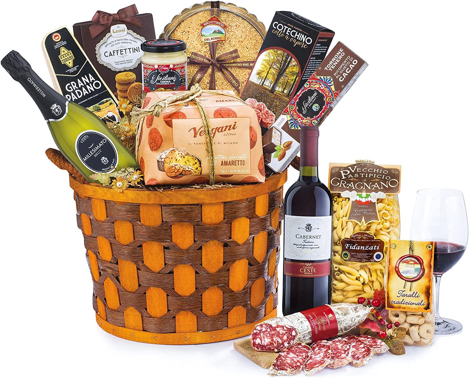 Cesto Natalizio, Villa Guelfa Raja, 13pz con CESTA PORTATUTTO INTRECCIATA A MANO, prodotti di alta qualità