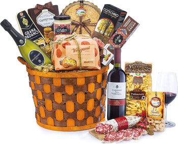 Cesto Natalizio, Villa Guelfa Raja, 13pz con CESTA PORTATUTTO INTRECCIATA A MANO, prodotti di alta qualità