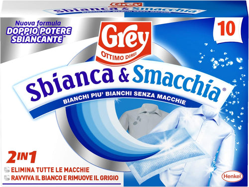 Grey Sbianca & Smacchia, Smacchiatore per Bucato 2 in 1, Elimina le Macchie e Fa Splendere il Bianco, Confezione da 10 Pezzi