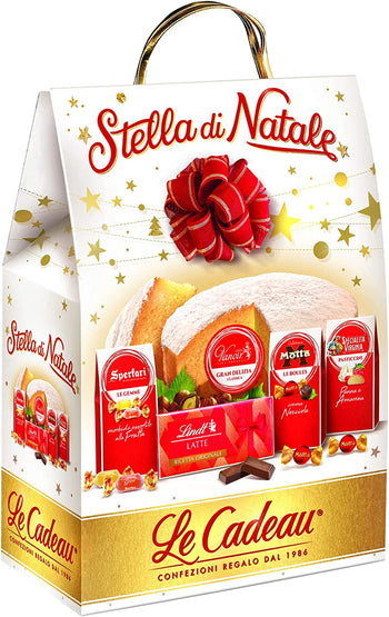 LE CADEAU | Confezione Regalo "Shopper Stella di Natale", Confezione Alimentare Natalizia 5 Pezzi: Torta Gran Delizia, Cioccolato, Pasticcini, Gelèes Alla Frutta e Tanto Altro, Idea Regalo Natale