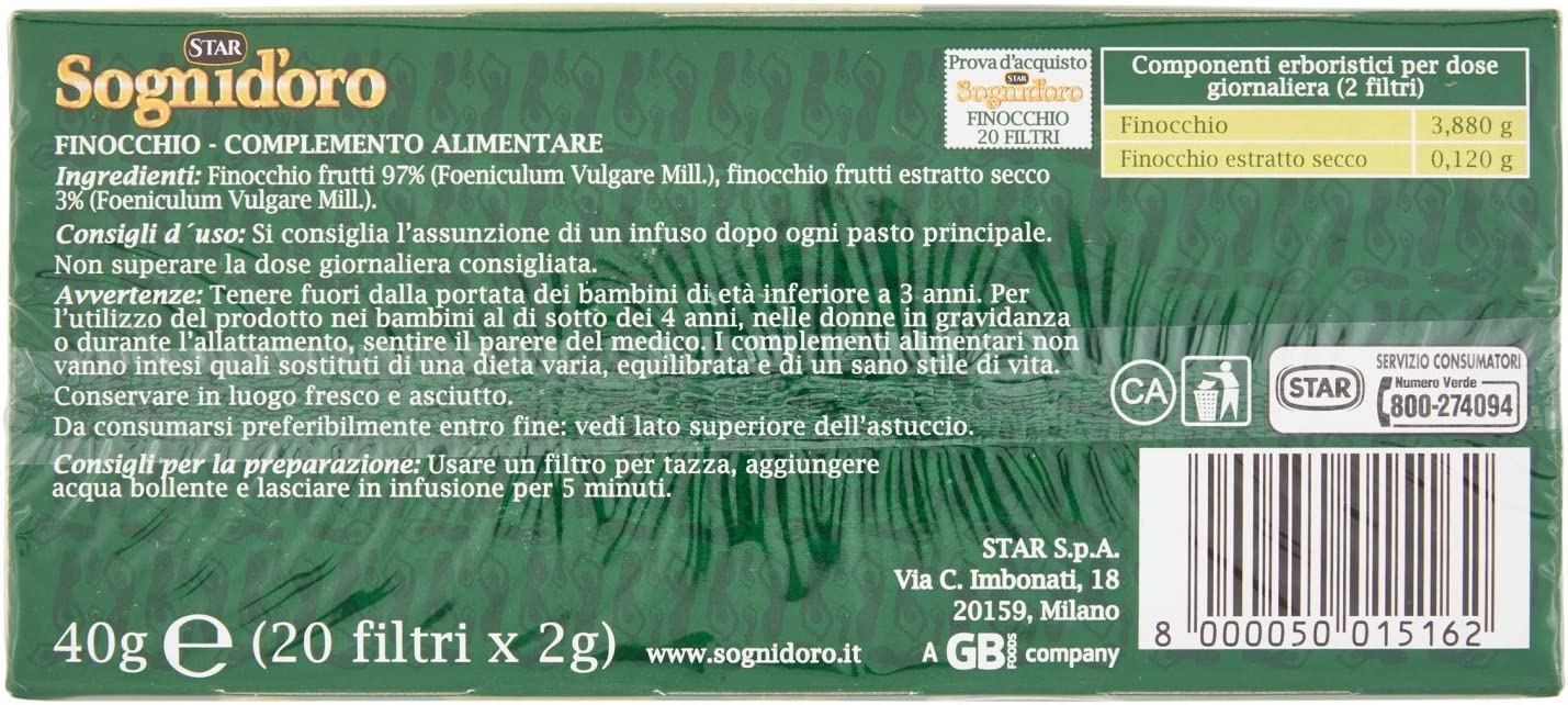 Sogni d'oro Tisana Finocchio, 20 Filtri, solo ingredienti naturali, miscela  esclusiva di gusto e benessere. Ottima in qualsiasi momento della