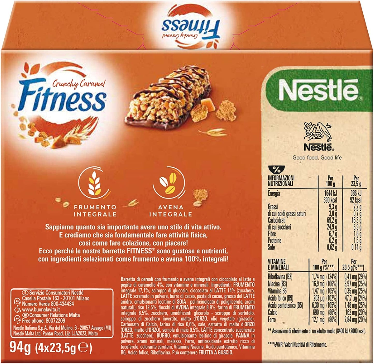 Fitness Crunchy Caramel, Barretta di Cereali Integrali, con Cioccolato e Caramello, 4 Pezzi