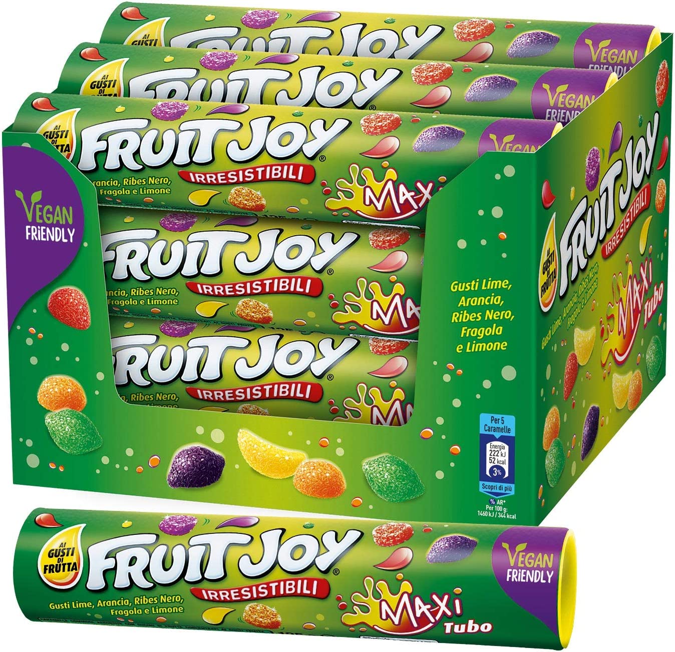 NESTLÉ FRUIT JOY ORIGINAL Caramelle Gommose Vegan Friendly ai Gusti Frutta, 12 Maxi Tubi