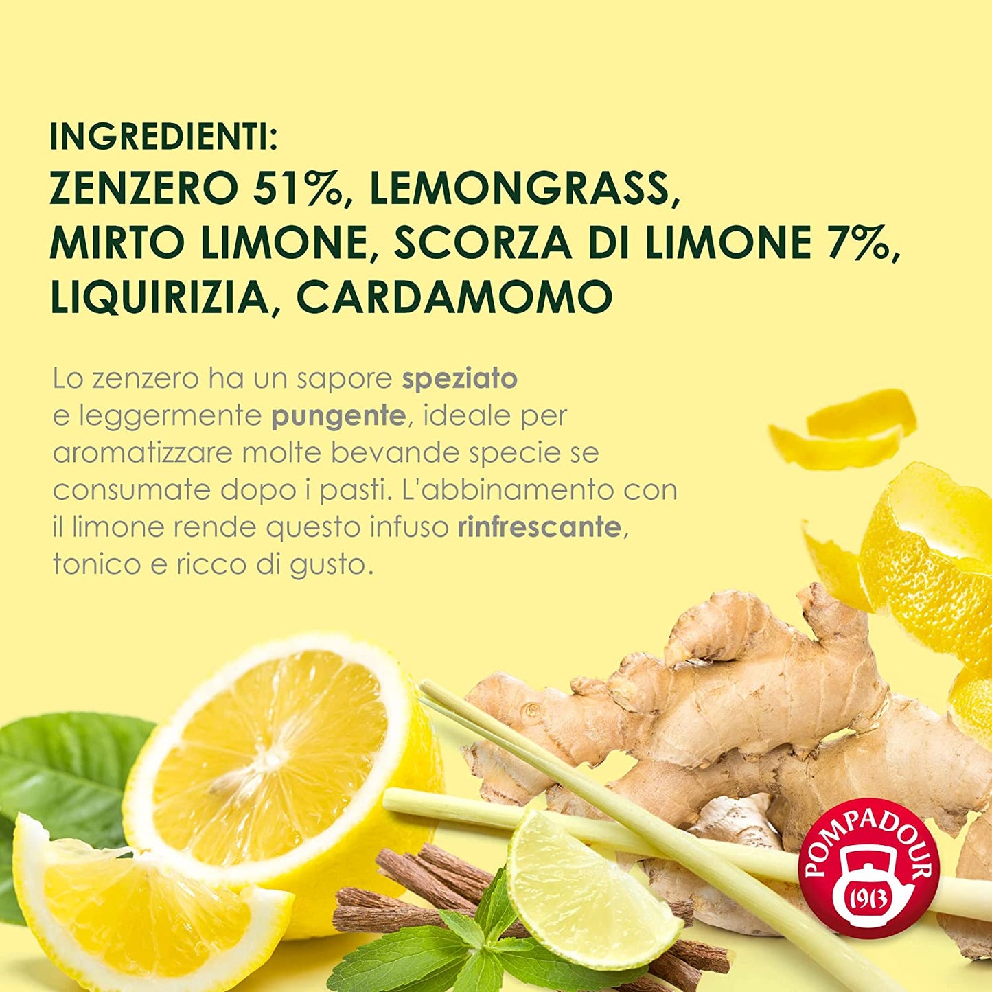 Pompadour, Infuso Zenzero e Limone, 60 Filtri (3 Confezioni da 20 Filtri), Aromatico e Speziato, 100% Naturale, Senza Lattosio, Glutine e Allergeni, Vegan