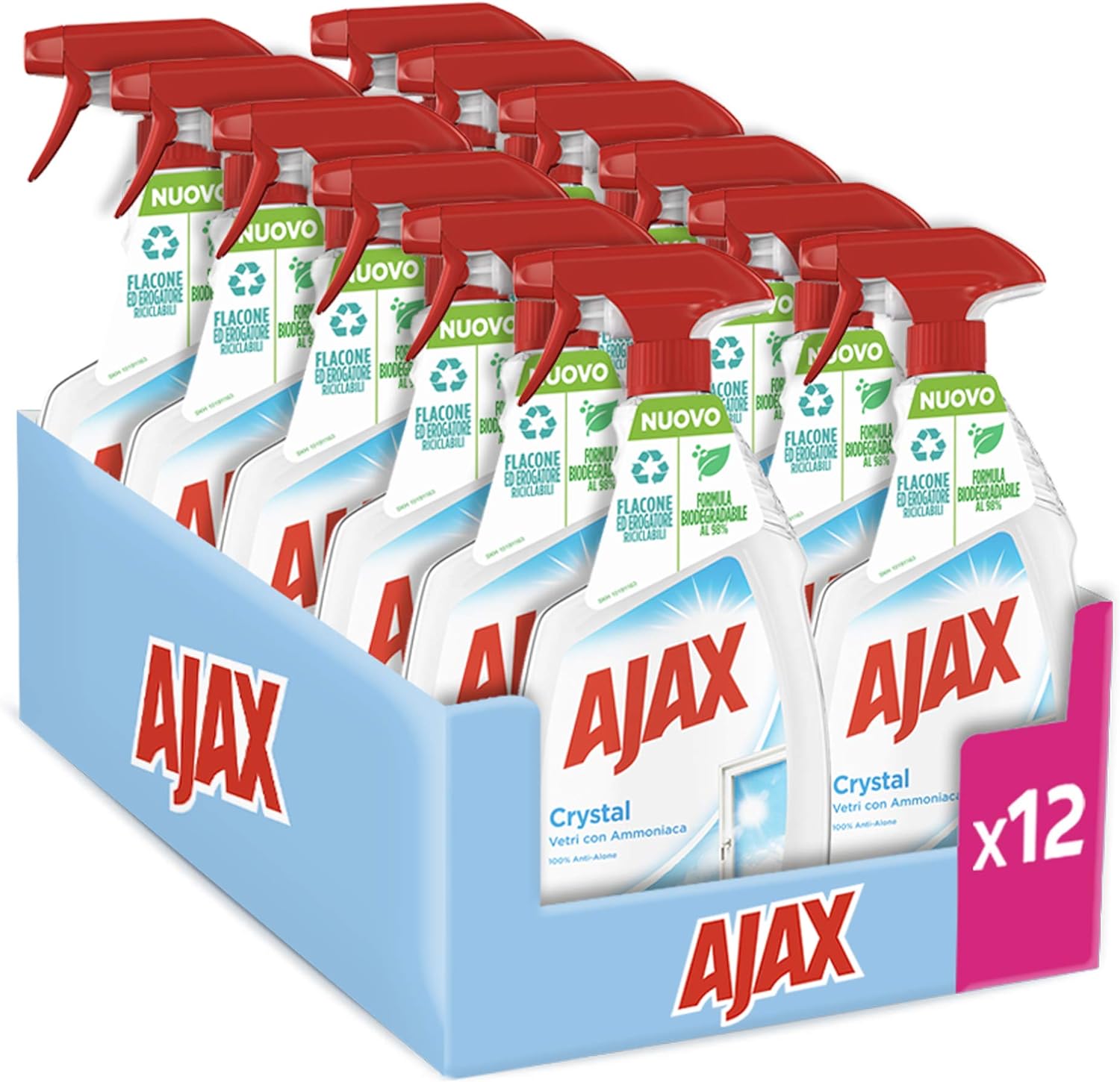 Ajax Detersivo Spray Crystal Clean Vetri 12 Flaconi da 750 ml | Detergente Vetro Spray Con Ammoniaca I 100% Anti-Alone | Per Vetri, Specchi e Superfici Brillanti