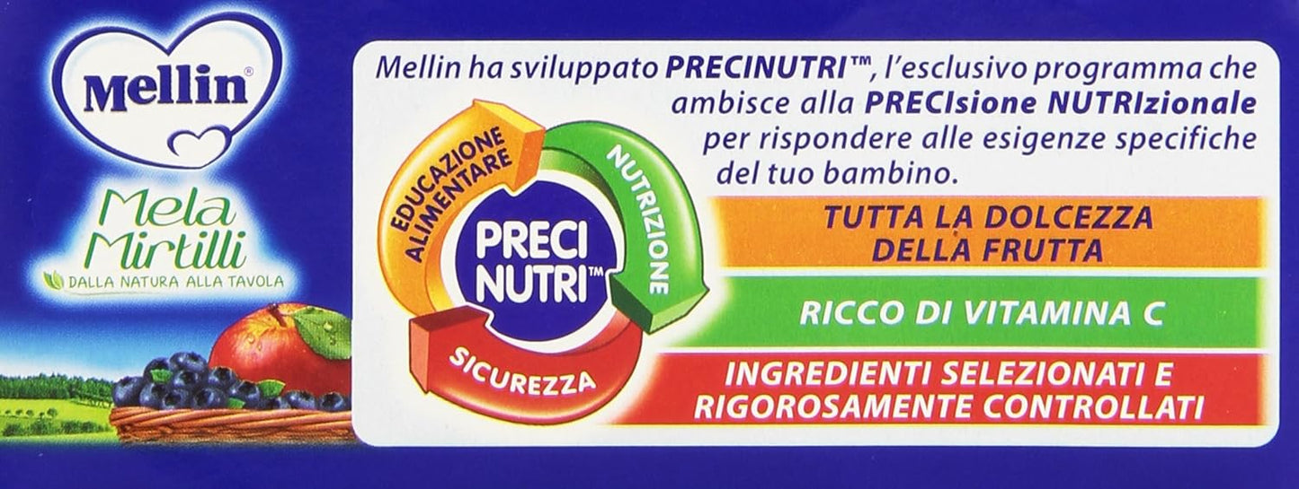 Mellin - Mela Mirtilli, Omogeneizzato per l'Infanzia - 12 confezioni da 2 pezzi da 100 g [24 pezzi, 2400 g]