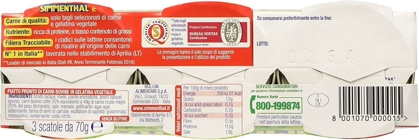 Simmenthal - Piatto pronto di carni bovine in gelatina vegetale, 1,5% di grassi - 4 confezioni da 3 scatole da 70 g [840 g, 12 scatole]