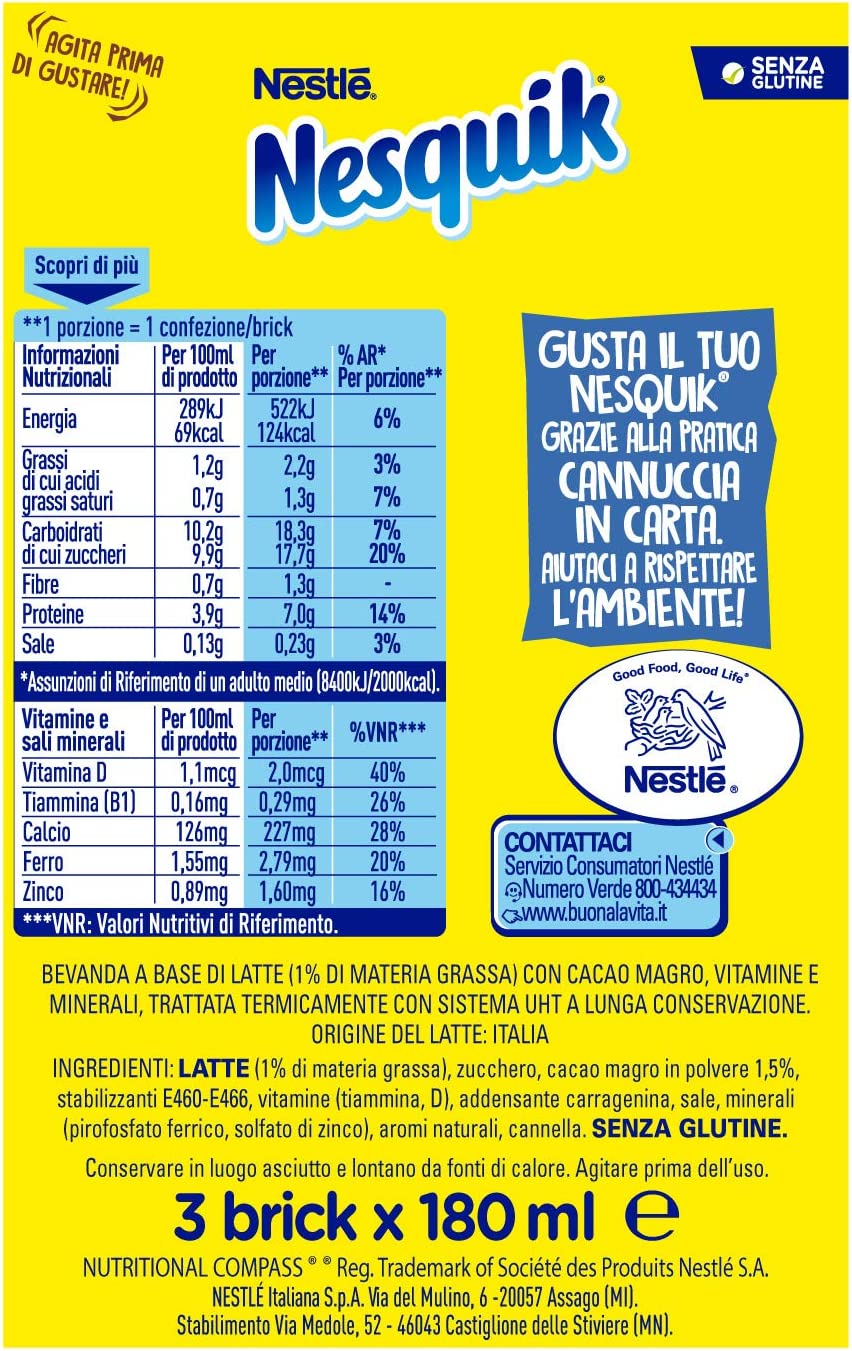 Nesquik Ready Drink Bevanda a Base di Latte con Cacao, 3 x 180ml