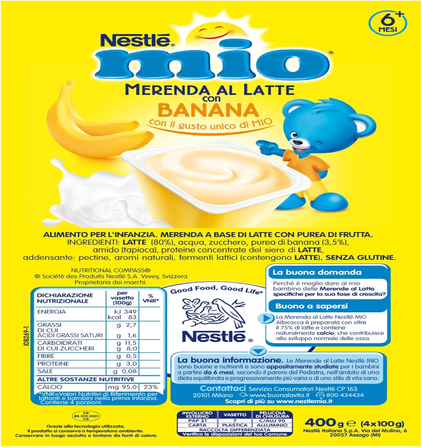 NESTLÉ MIO Merenda al Latte Banana, 24 Vasetti da 100g (2,4kg)