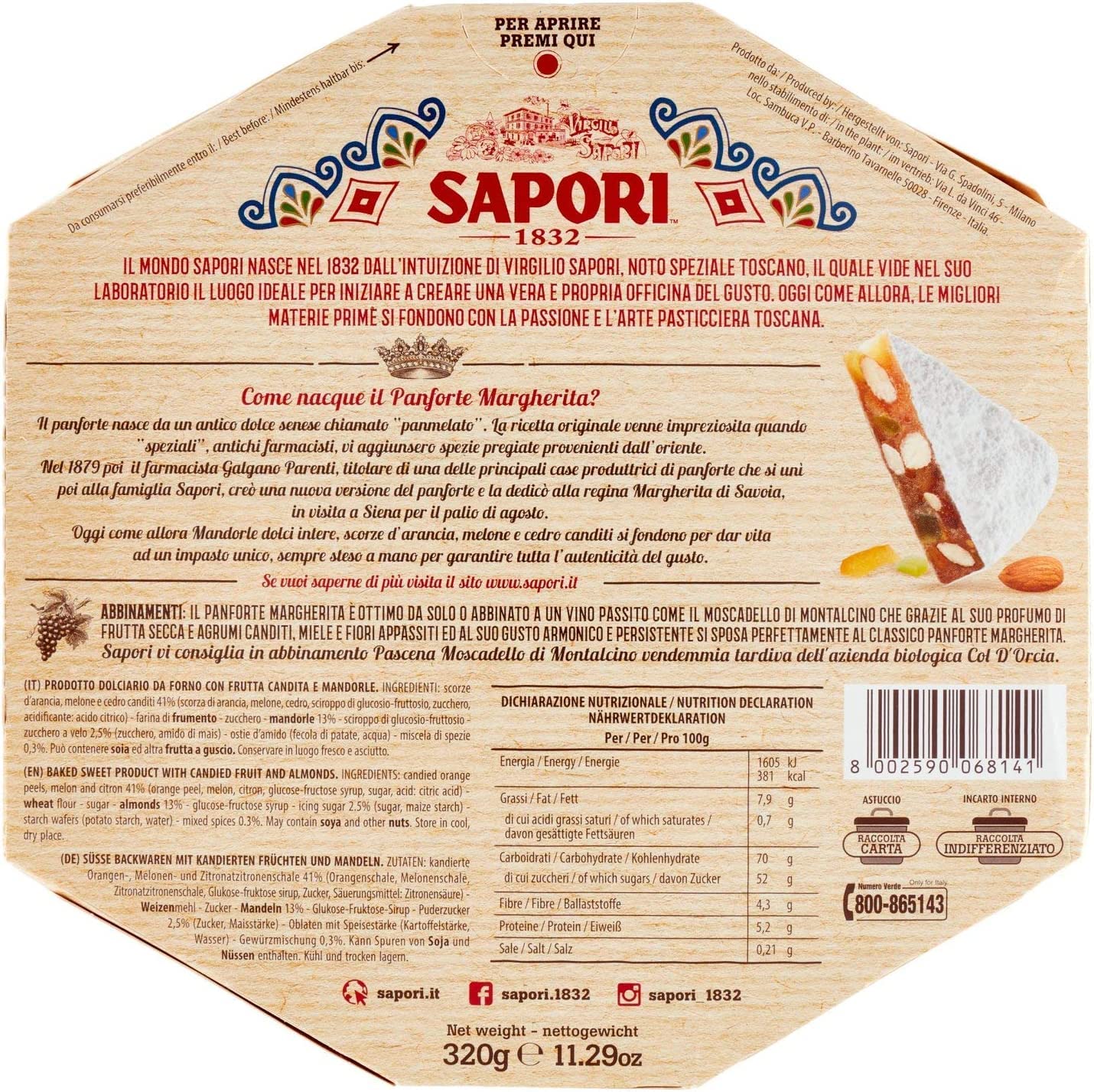 Sapori Panforte Margherita con Mandorle Intere, Scorze d'Arancia, Melone e Cedro Canditi, 350gr