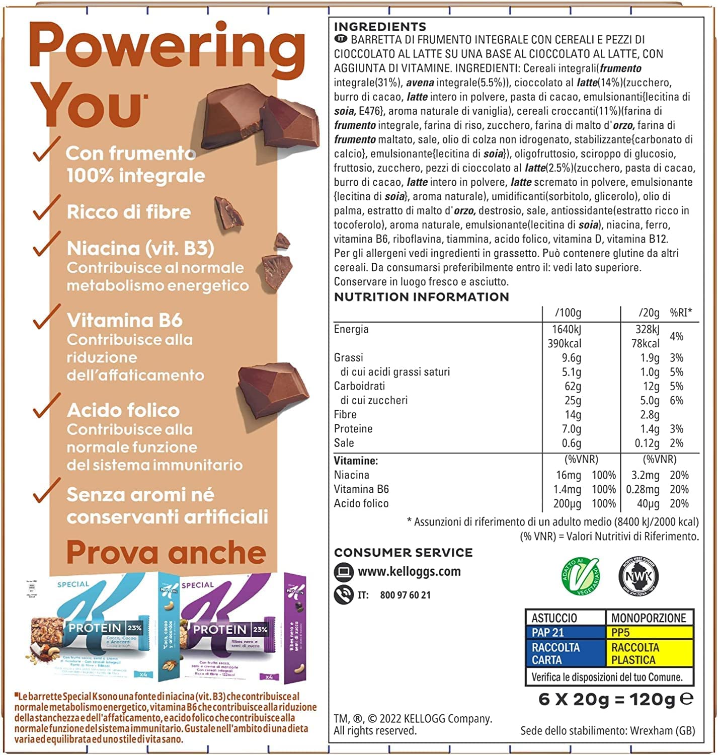 14X Kellogg's Special - Barrette di Cereali con Frumento 100% Integrale al Cioccolato Belga a Latte, 120g [Scatola con 14 Confezioni]