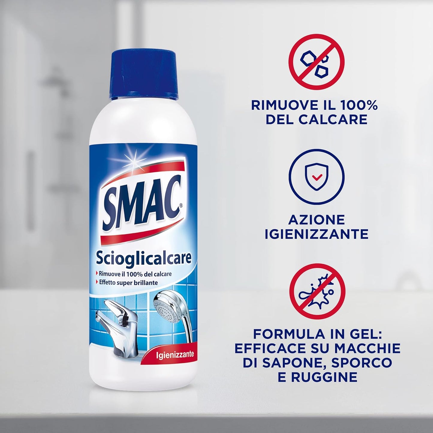 Smac - Scioglicalcare Gel, Detergente Anticalcare Bagno, Azione Igienizzante e Brillantezza, 500 ml x 8 Pezzi