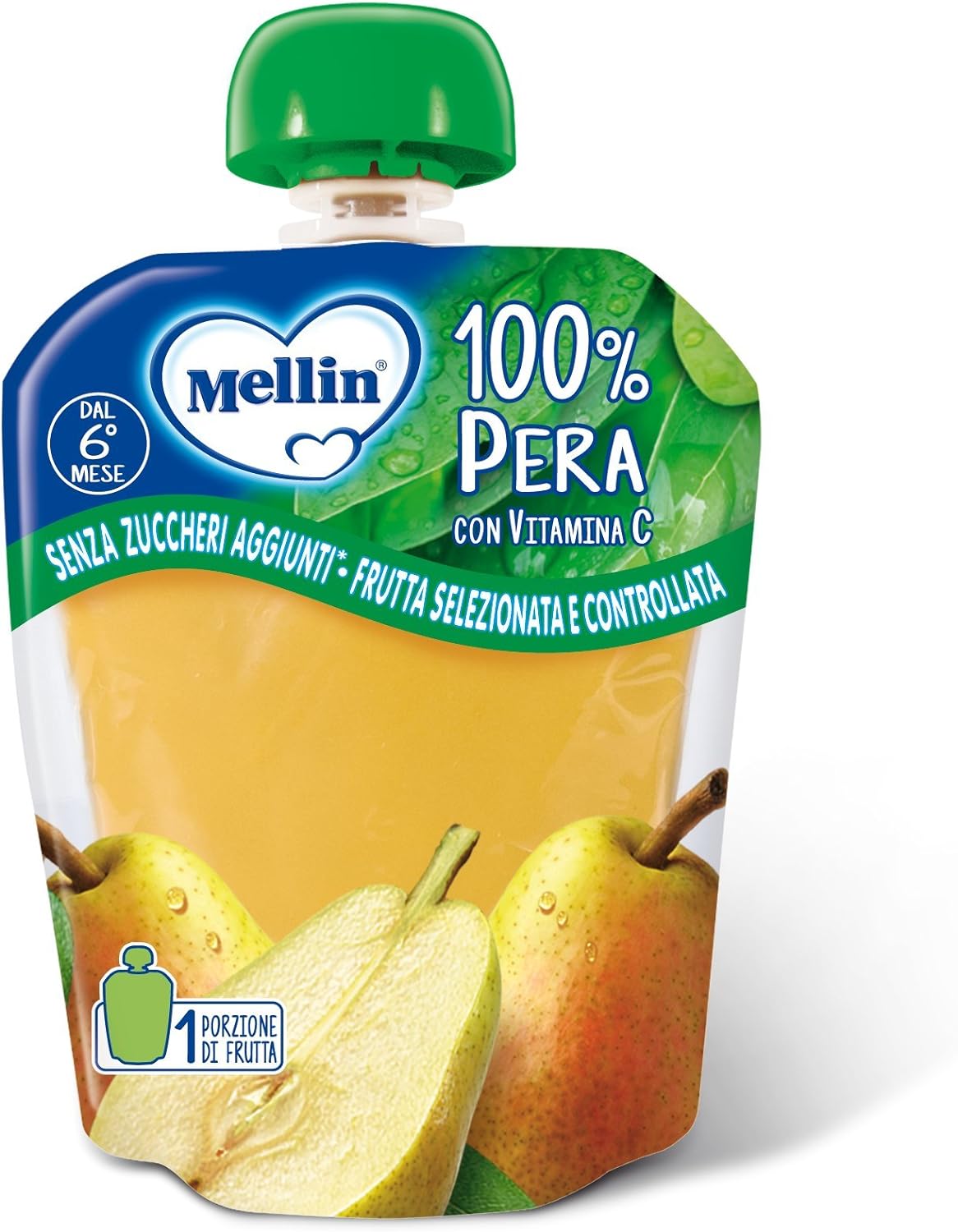 Mellin, Pouch Merenda 100% Pera con Vitamina C - 6 Confezioni da 90 Gr