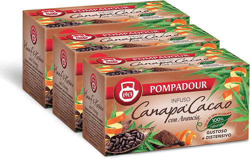 Pompadour, Infuso Canapa Cacao con Arancia, 60 Filtri (3 Confezioni da 20 Filtri), Gustoso e Distensivo, con Olio di Semi di Canapa, Senza Lattosio, Glutine e Allergeni, Vegan