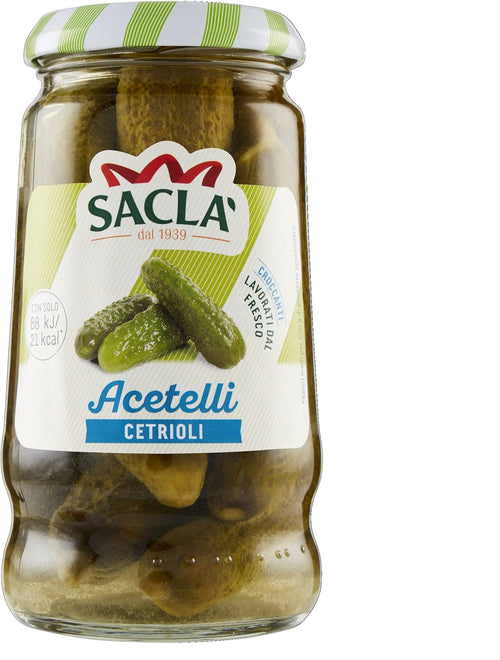 Saclà, Acetelli, Cetrioli All'Aceto di Vino, Ideali per Aperitivo, Antipasti e Insalate, Vaso Vetro, 290g (150g sgocciolato)