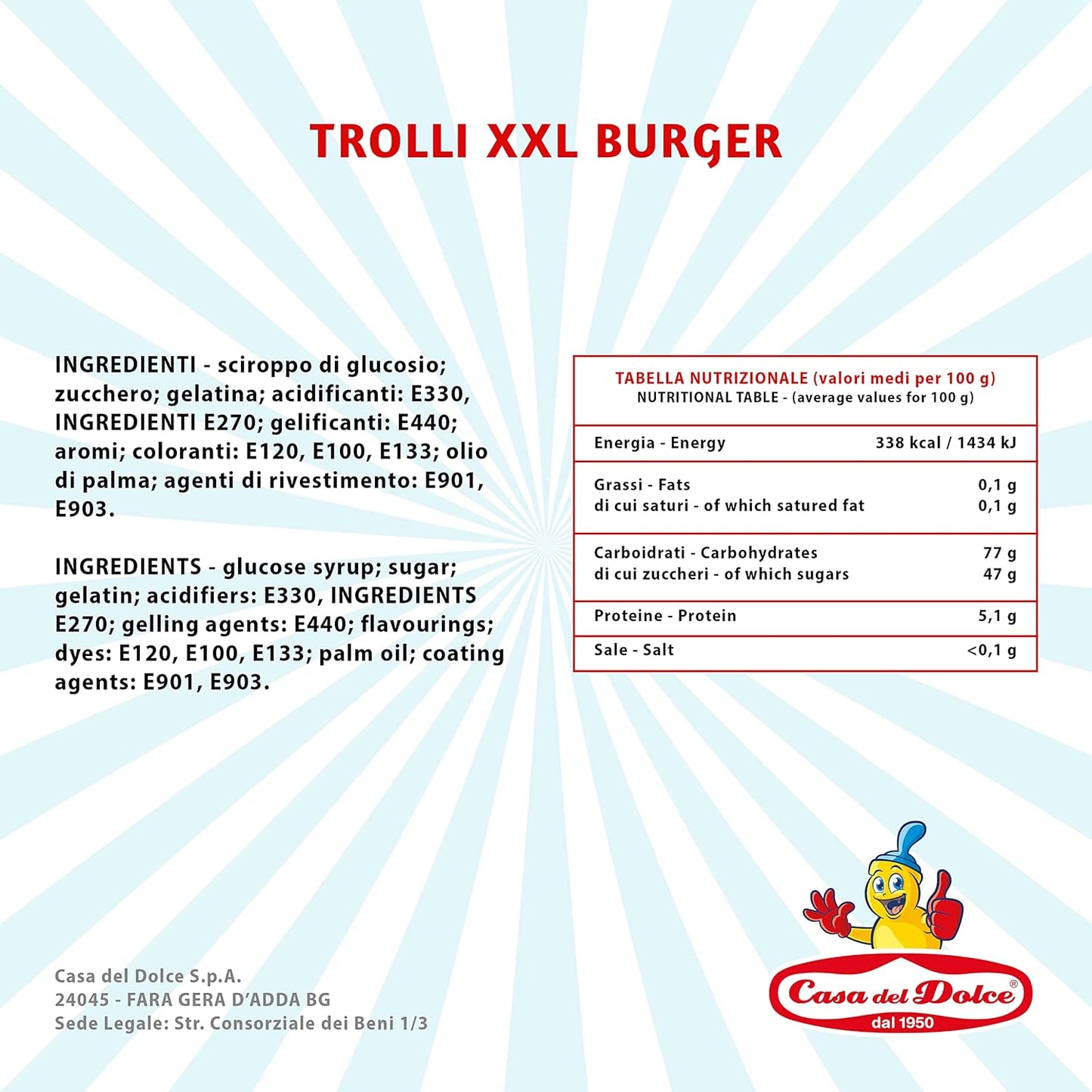 Trolli Gummi Burger XXL, Caramelle Gommose a Forma di Hamburger, Gusto Frutta, Incarto Singolo 50 Gr, Display 24 Pezzi, Senza Glutine, Idea Regalo per Compleanni e Feste