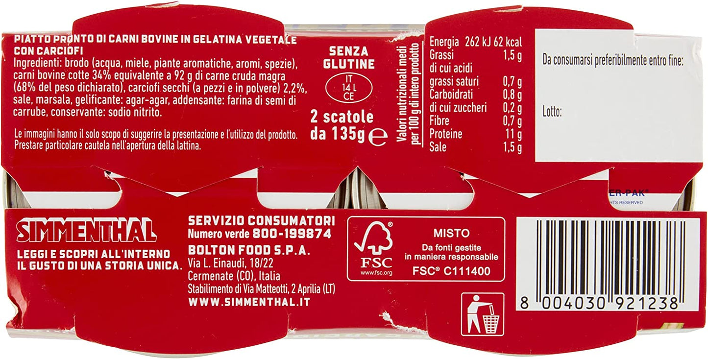 Simmenthal - Carne in Scatola di Bovino Magra Lessata e Condita con Carciofi, 2 Lattine da 135 gr