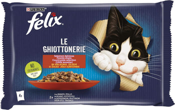 Purina Felix Le Ghiottonerie Cibo Umido per Gatti con Manzo e Pollo, 4 buste da 85 g Ciascuna