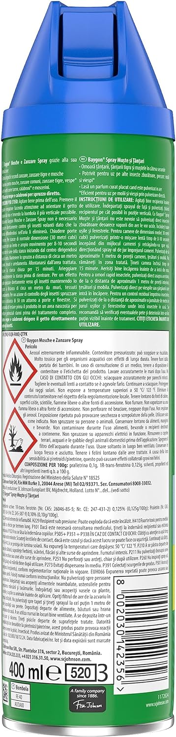 Baygon Mosche e Zanzare Spray Insetticida, Azione Rapida, Protezione a Lunga Durata, 1 Confezione da 400 ml