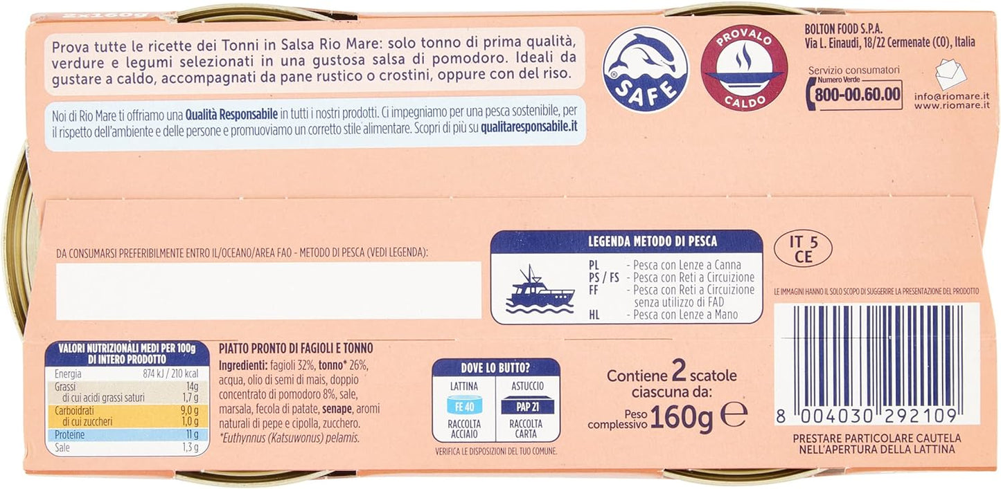 Rio Mare - Tonno in Salsa Fagioli e Tonno, Piatto Pronto da Gustare anche Caldo, 2 Lattine da 160g