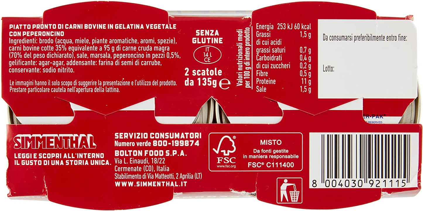 Simmenthal - Carne in Scatola di Bovino Magra Lessata e Condita con Peperoncino di Calabria, 2 Lattine da 135 gr
