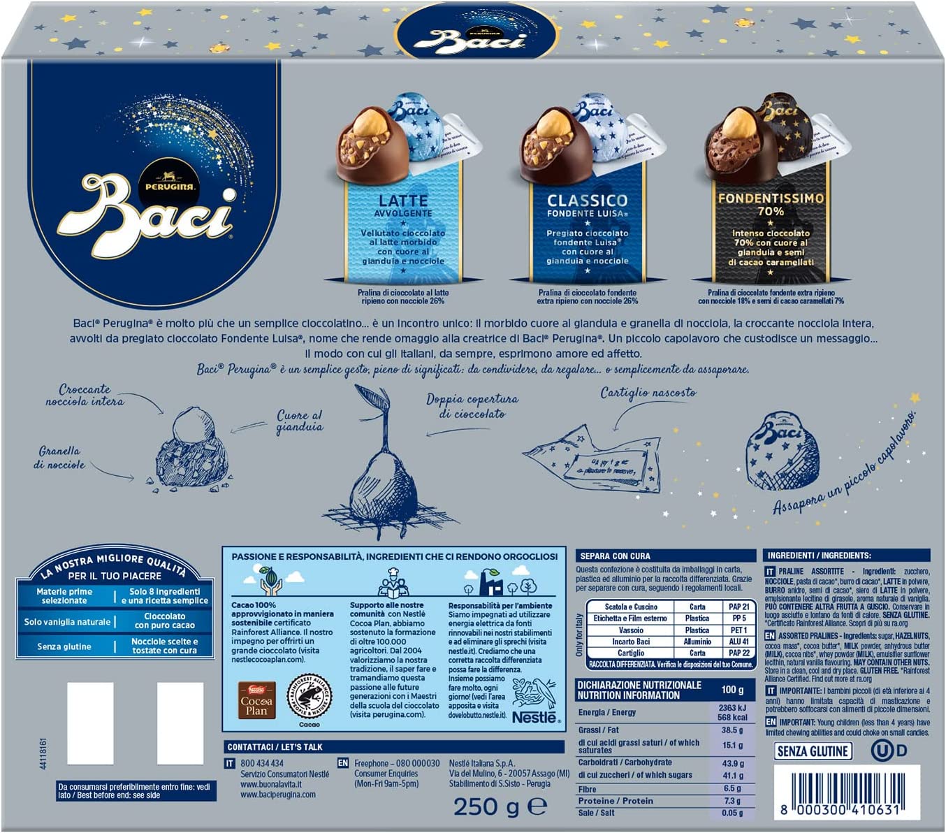 BACI PERUGINA Cioccolatini Assortiti Classico, al Latte e Fondentissimo 70% Scatola 250g