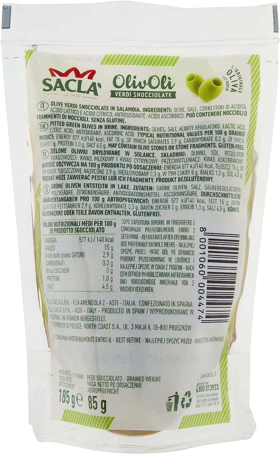 Saclà, OlivOlì, Olive Verdi Denocciolate, Ideali per Aperitivo, Insalate e per Arricchire i Tuoi Piatti, Busta, 185g (85g sgocciolato)