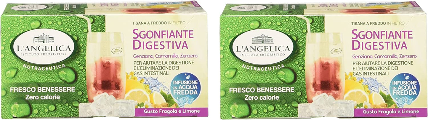 L'Angelica - Tisana a Freddo Sgonfiante Digestiva, Gusto Fragola e Limone - 2 confezioni da 15 filtri [30 filtri, 100 g]