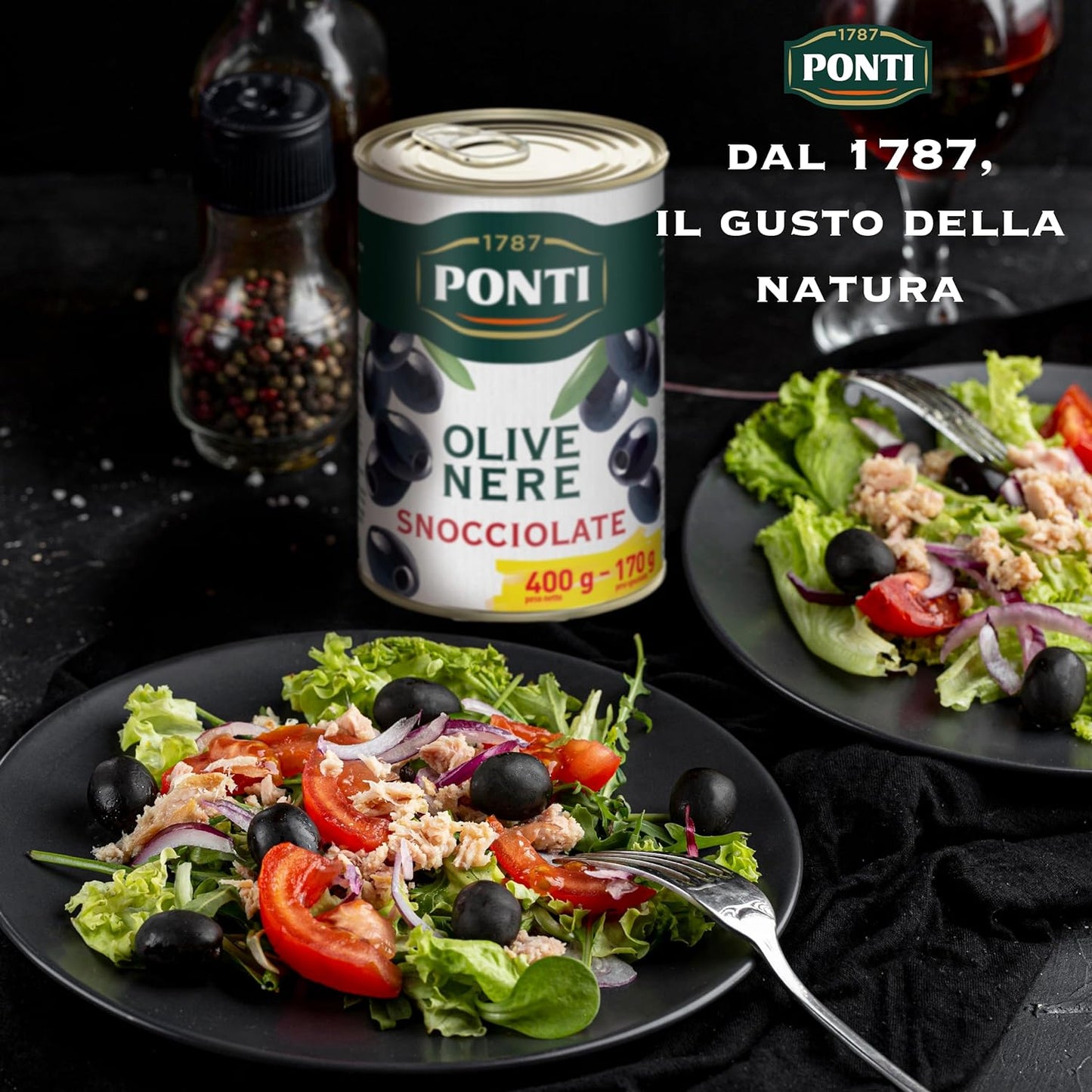 Ponti, Olive Nere Snocciolate, Ideali da Aggiungere ad Insalate e Pizze, Ottimi anche come Antipasto, dal Sapore Ricco e dalla Consistenza Succosa, 100% Made in Italy, 12 vasi 400 g