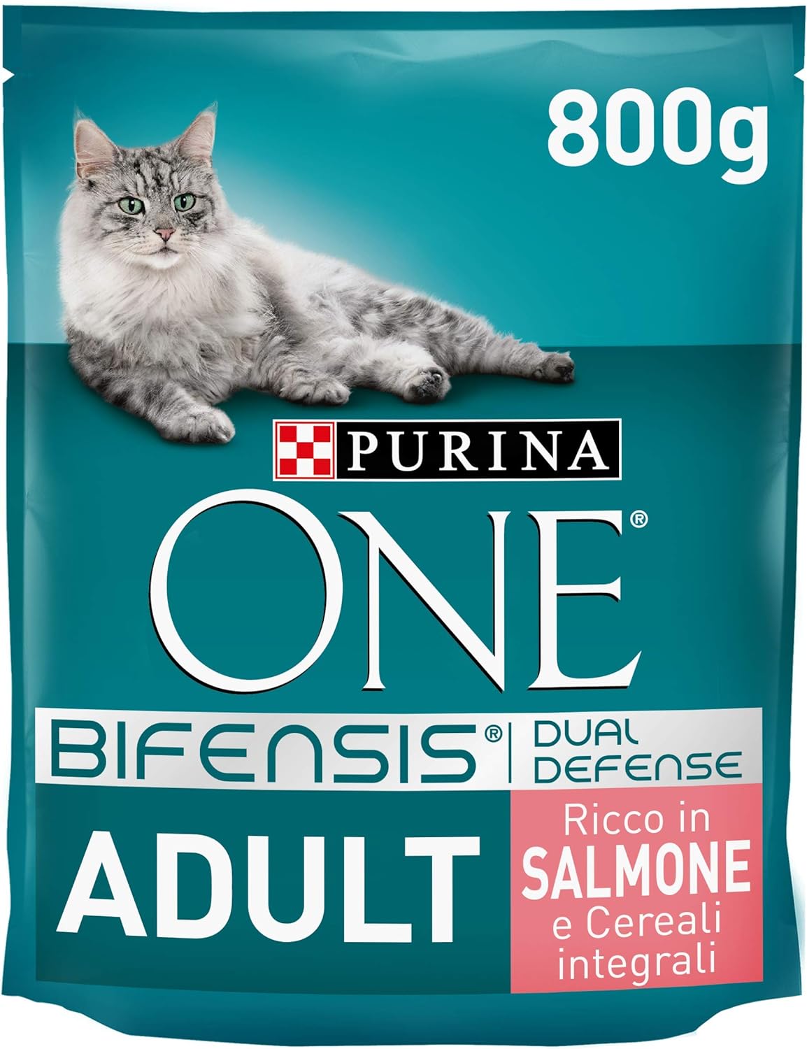 Purina One Bifensis Crocchette per Gatto Adulto con Salmone e Cereali integrali, 8 Confezioni da 800 g