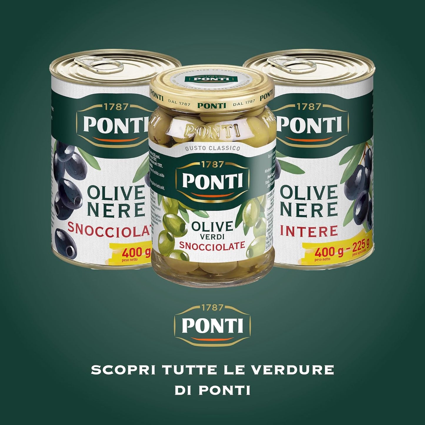 Ponti, Olive Nere Intere, Ideali da Aggiungere ad Insalate e Pizze, Ottimi anche come Antipasto, dal Sapore Ricco e dalla Consistenza Succosa, 100% Made in Italy, 400 g